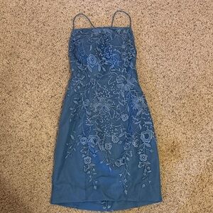 Elegant Blue Floral Embroidered Dress